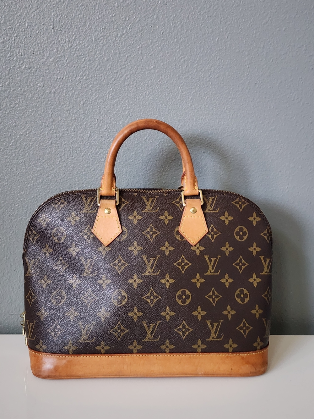 Louis Vuitton Alma PM Monogram Canvas Satchel Bag Brown Leather Made in France